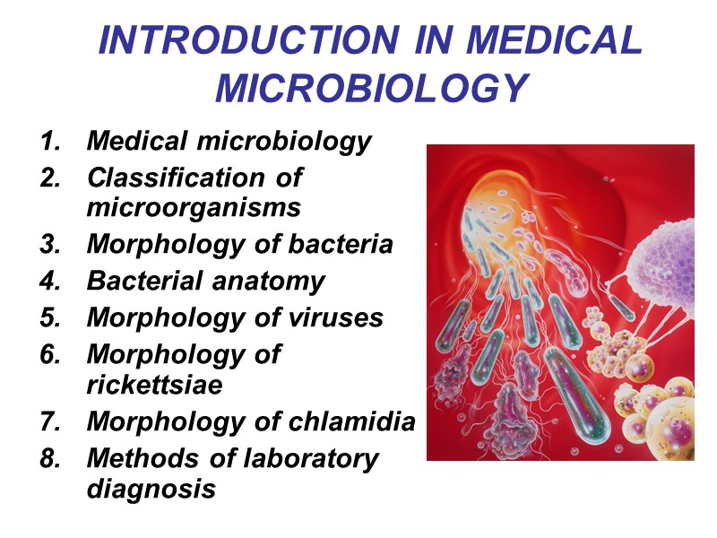INTRODUCTION IN MEDICAL MICROBIOLOGY Medical microbiology Classification of microorganisms Morphology of bacteria Bacterial anatomy